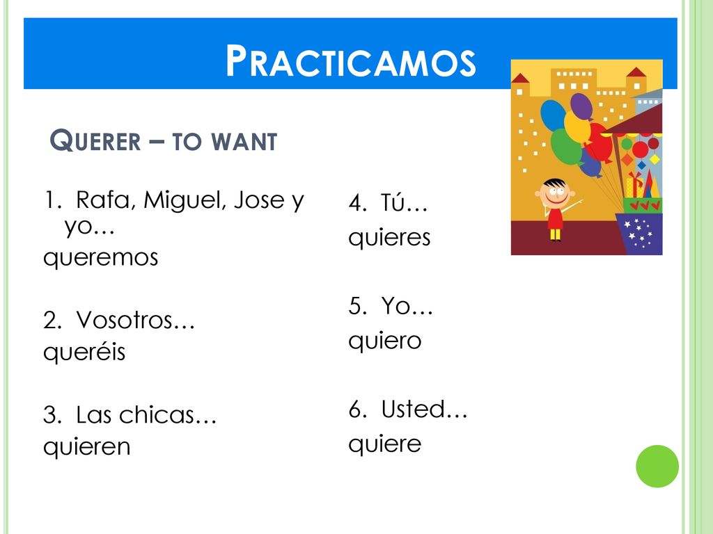 Practicamos Practicamos Querer – to want 1. Rafa, Miguel, Jose y yo…