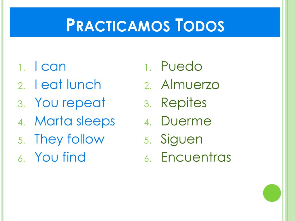 Practicamos Todos I can I eat lunch You repeat Marta sleeps