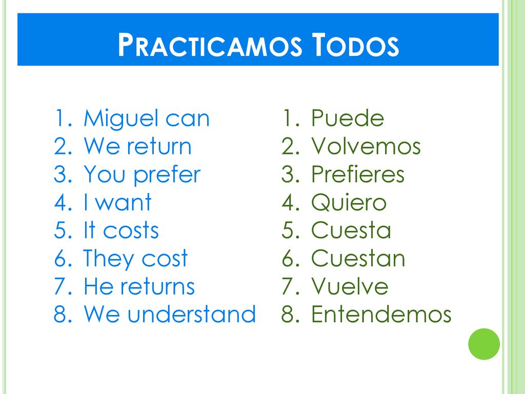 Practicamos Todos Miguel can We return You prefer I want It costs