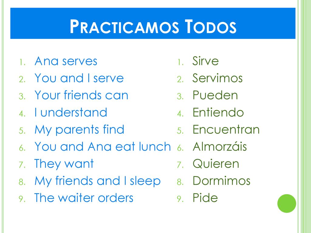 Practicamos Todos Ana serves You and I serve Your friends can