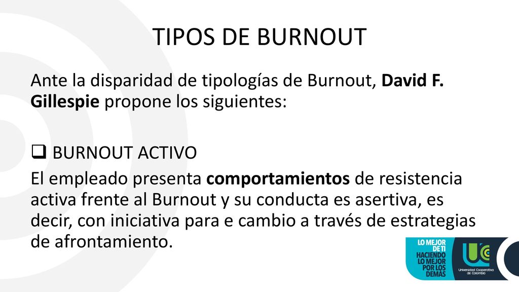 TIPOS DE BURNOUT Ante la disparidad de tipologías de Burnout, David F. Gillespie propone los siguientes: