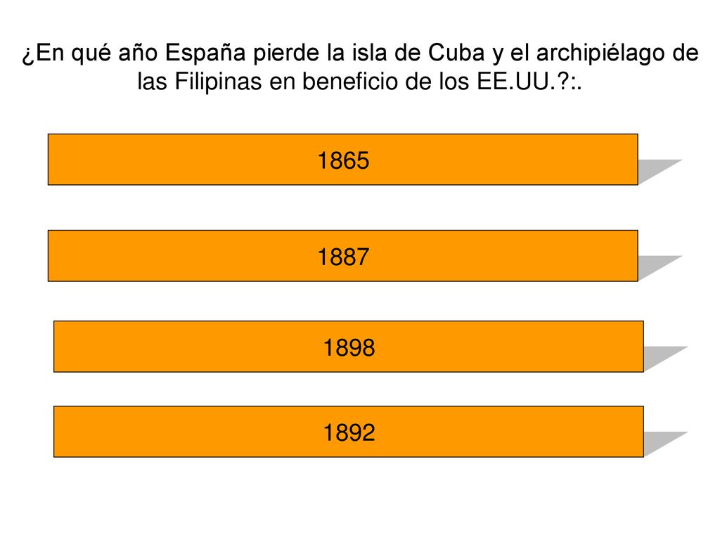 ¿En qué año España pierde la isla de Cuba y el archipiélago de las Filipinas en beneficio de los EE.UU. :.