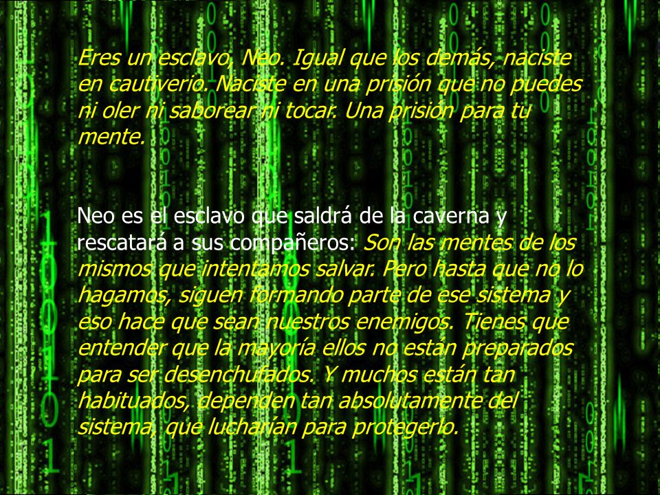 Eres un esclavo, Neo. Igual que los demás, naciste en cautiverio