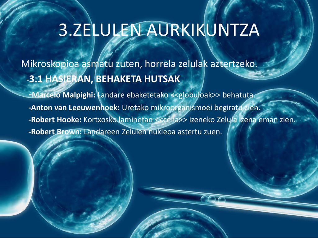 3.ZELULEN AURKIKUNTZA Mikroskopioa asmatu zuten, horrela zelulak aztertzeko HASIERAN, BEHAKETA HUTSAK.