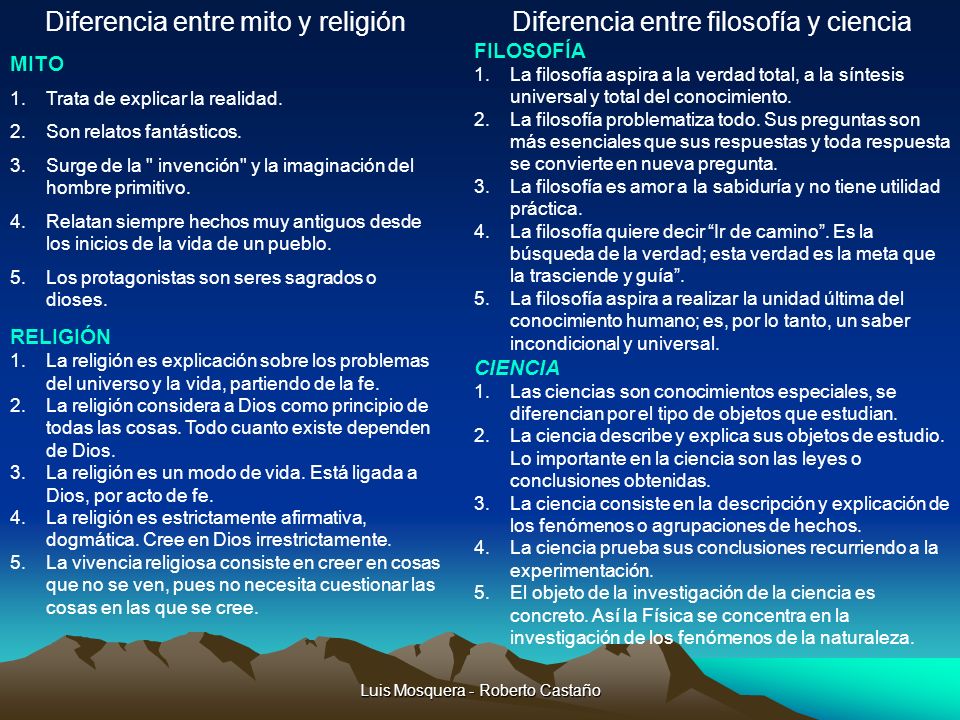 Diferencia entre mito y religión Diferencia entre filosofía y ciencia