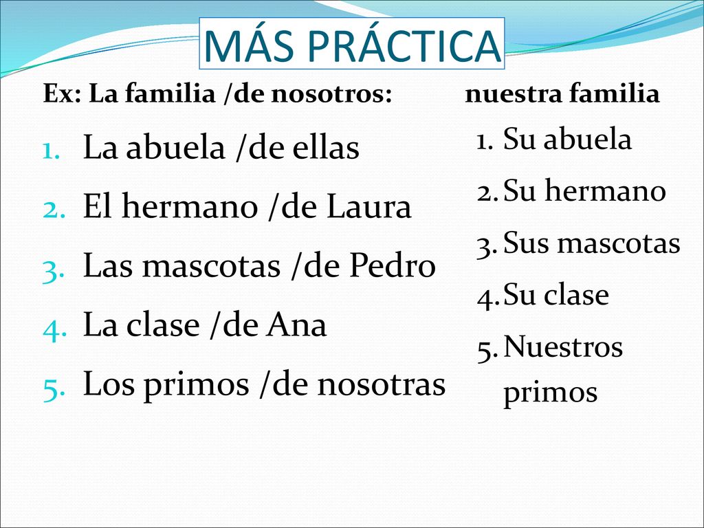 MÁS PRÁCTICA La abuela /de ellas El hermano /de Laura