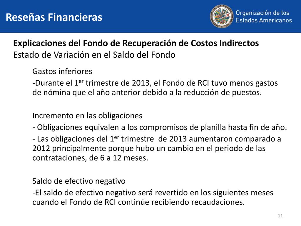 Reseñas Financieras Explicaciones del Fondo de Recuperación de Costos Indirectos. Estado de Variación en el Saldo del Fondo.
