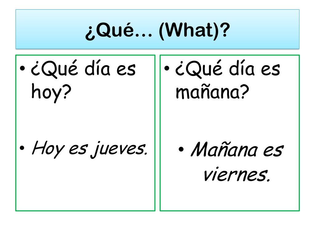 ¿Qué… (What) ¿Qué día es hoy ¿Qué día es mañana Mañana es viernes.