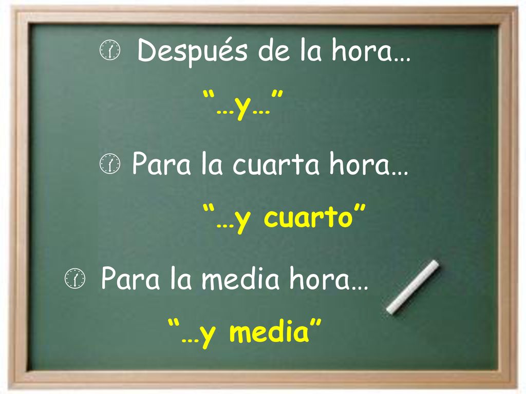 Después de la hora… …y… Para la cuarta hora… …y cuarto Para la media hora… …y media