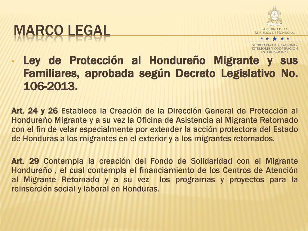 MARCO LEGAL Ley de Protección al Hondureño Migrante y sus Familiares, aprobada según Decreto Legislativo No