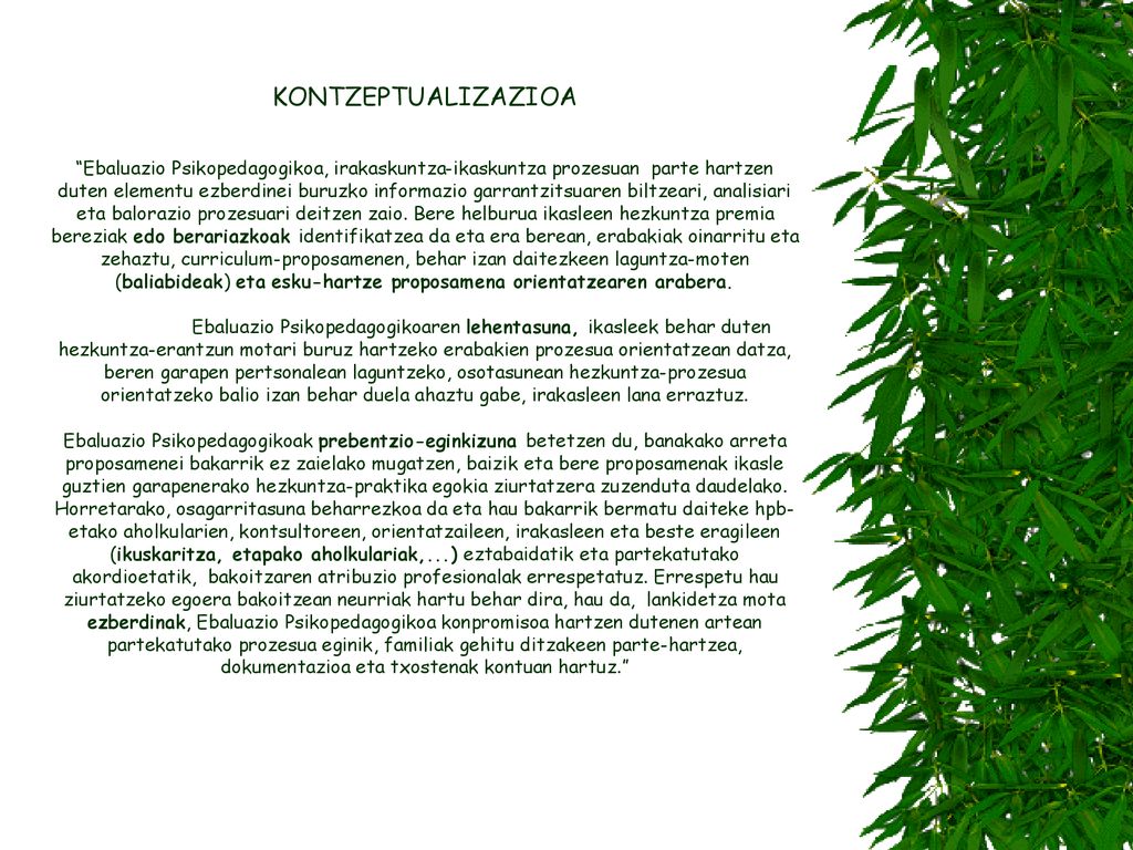 KONTZEPTUALIZAZIOA Ebaluazio Psikopedagogikoa, irakaskuntza-ikaskuntza prozesuan parte hartzen duten elementu ezberdinei buruzko informazio garrantzitsuaren biltzeari, analisiari eta balorazio prozesuari deitzen zaio.