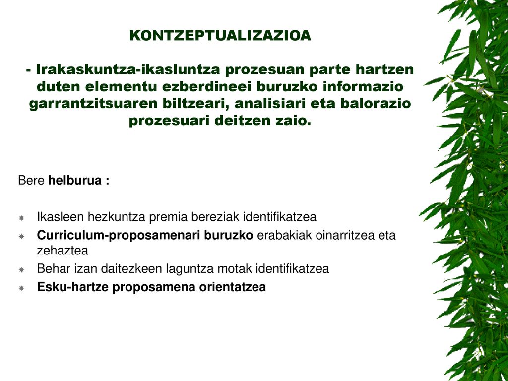 KONTZEPTUALIZAZIOA - Irakaskuntza-ikasluntza prozesuan parte hartzen duten elementu ezberdineei buruzko informazio garrantzitsuaren biltzeari, analisiari eta balorazio prozesuari deitzen zaio.