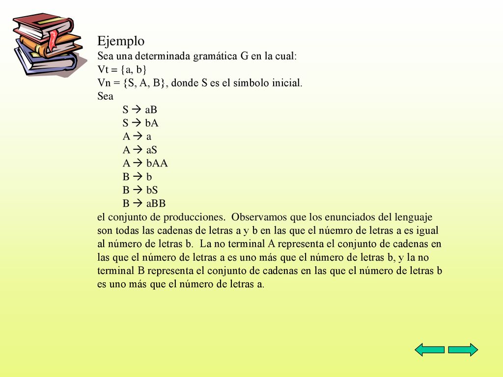 Ejemplo Sea una determinada gramática G en la cual: Vt = {a, b}