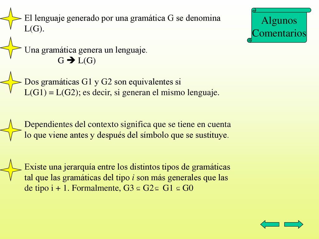 Algunos Comentarios. El lenguaje generado por una gramática G se denomina L(G). Una gramática genera un lenguaje.