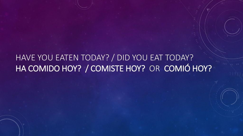 Have you eaten today / Did you eat today Ha comido hoy / comiste hoy or comió hoy
