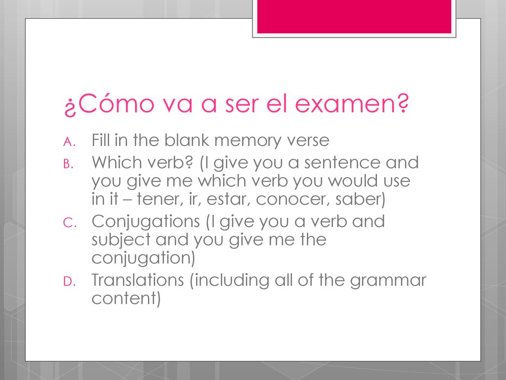 ¿Cómo va a ser el examen Fill in the blank memory verse