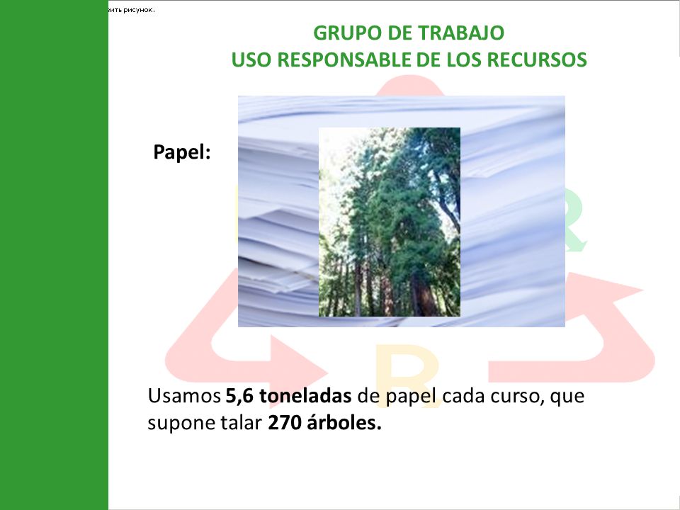 Papel: Usamos 5,6 toneladas de papel cada curso, que supone talar 270 árboles.