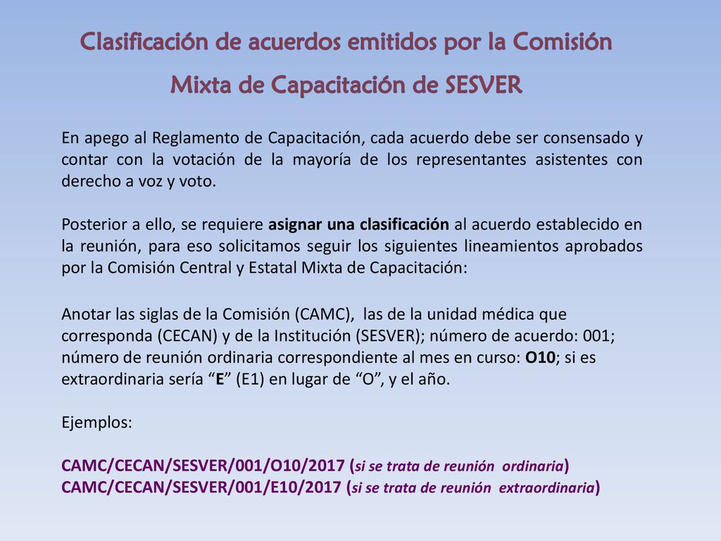 Clasificación de acuerdos emitidos por la Comisión Mixta de Capacitación de SESVER
