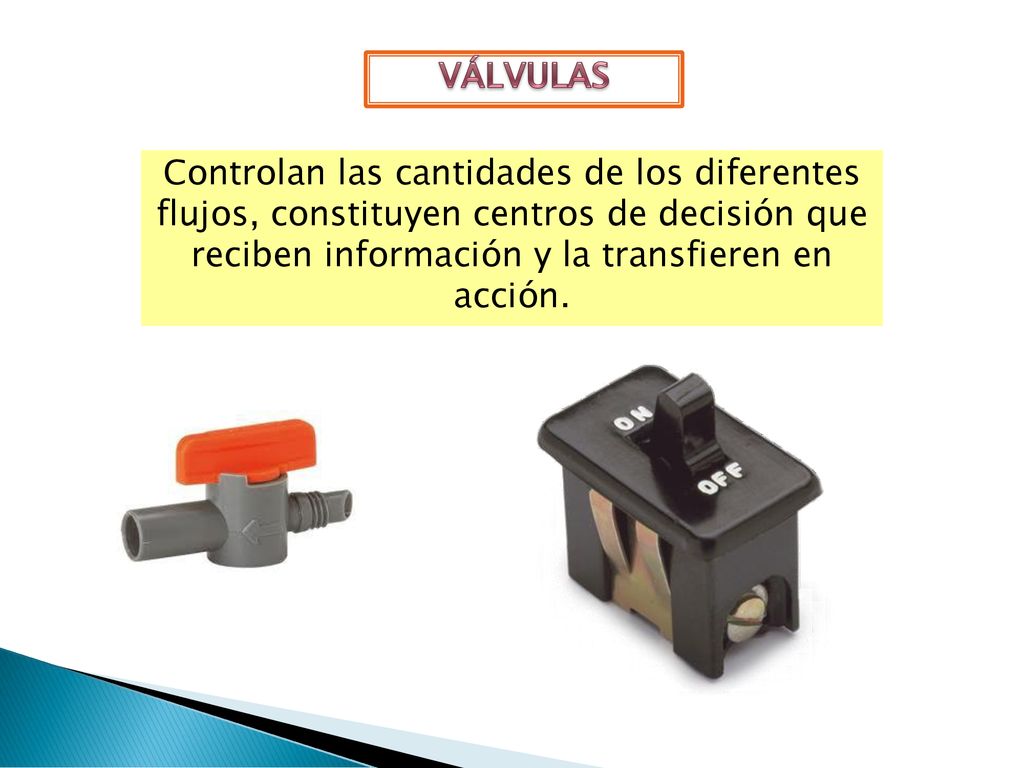 VÁLVULAS Controlan las cantidades de los diferentes flujos, constituyen centros de decisión que reciben información y la transfieren en acción.