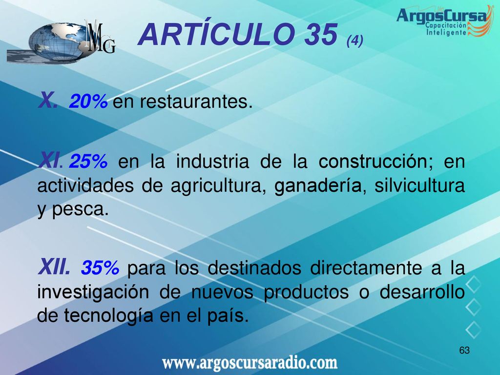 ARTÍCULO 35 (4) X. 20% en restaurantes. XI. 25% en la industria de la construcción; en actividades de agricultura, ganadería, silvicultura y pesca.