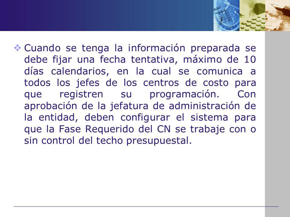 Cuando se tenga la información preparada se debe fijar una fecha tentativa, máximo de 10 días calendarios, en la cual se comunica a todos los jefes de los centros de costo para que registren su programación.