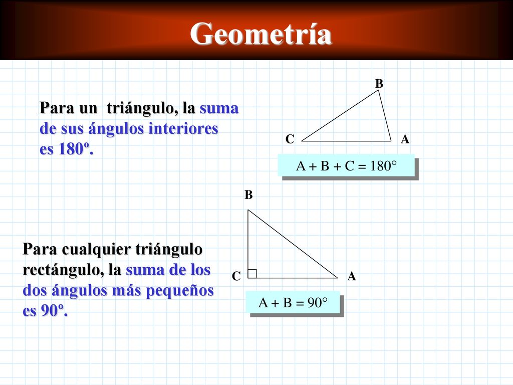 Geometría A + B + C = 180° A. C. B. Para un triángulo, la suma de sus ángulos interiores es 180º.