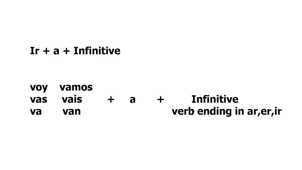 Ir + a + Infinitive voy vamos. vas vais + a + Infinitive.
