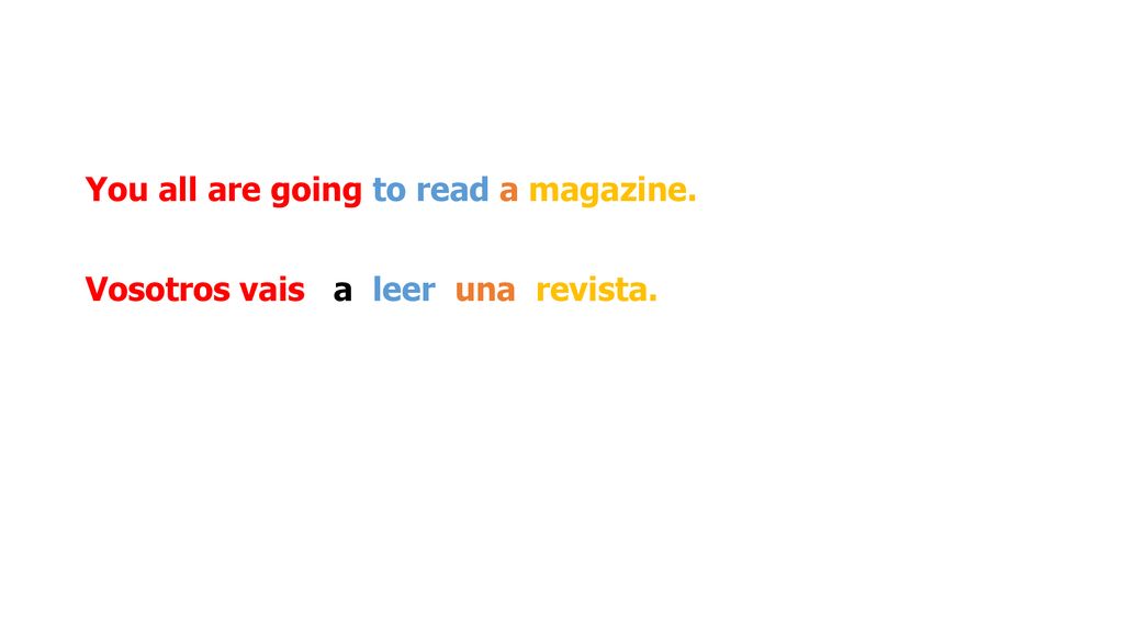 You all are going to read a magazine. Vosotros vais a leer una revista.