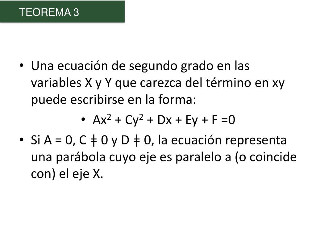 TEOREMA 3 Una ecuación de segundo grado en las variables X y Y que carezca del término en xy puede escribirse en la forma: