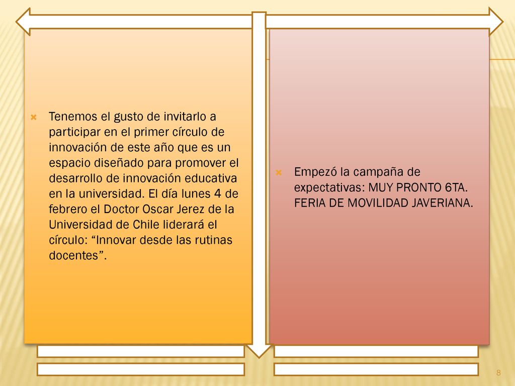 Tenemos el gusto de invitarlo a participar en el primer círculo de innovación de este año que es un espacio diseñado para promover el desarrollo de innovación educativa en la universidad. El día lunes 4 de febrero el Doctor Oscar Jerez de la Universidad de Chile liderará el círculo: Innovar desde las rutinas docentes .