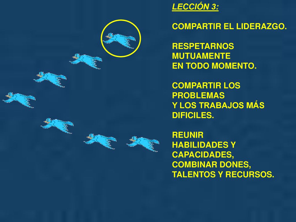 LECCIÓN 3: COMPARTIR EL LIDERAZGO. RESPETARNOS MUTUAMENTE. EN TODO MOMENTO. COMPARTIR LOS PROBLEMAS.