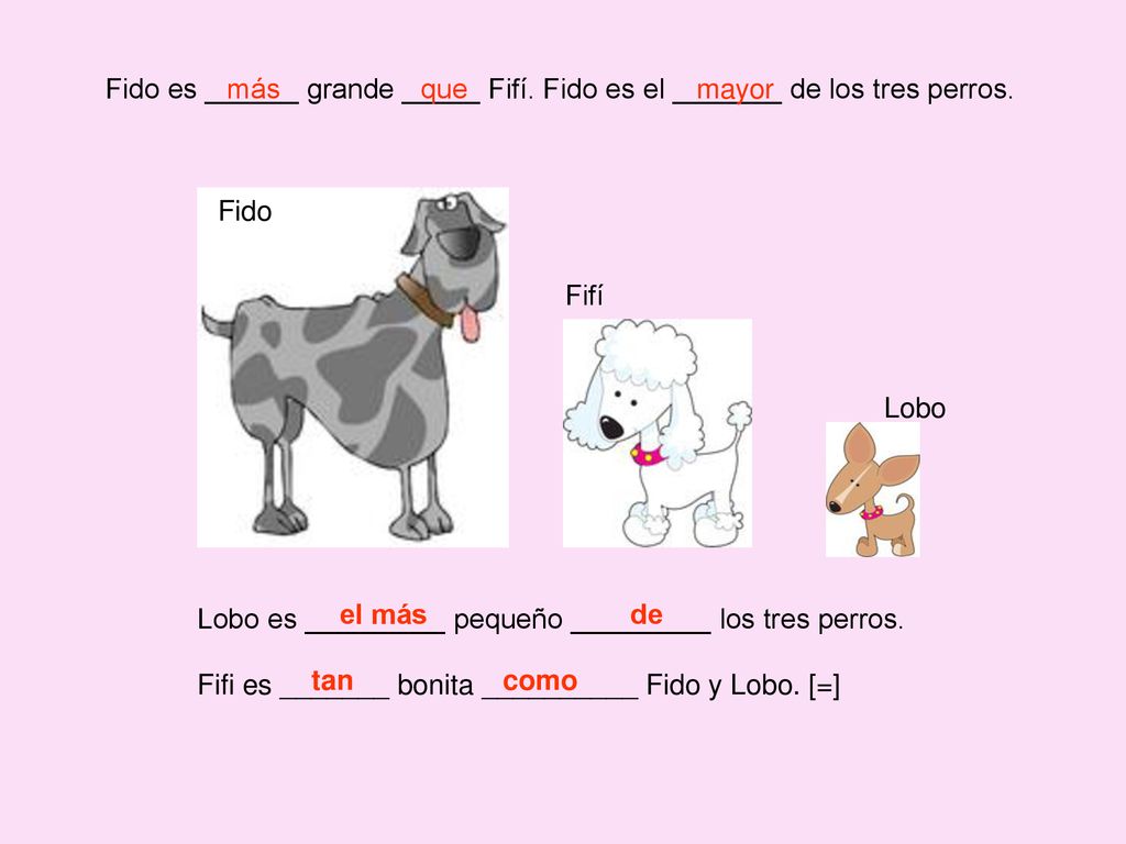 Fido es ______ grande _____ Fifí. Fido es el _______ de los tres perros.