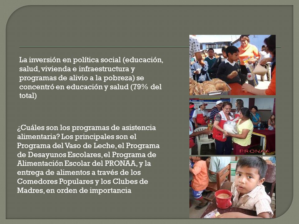 La inversión en política social (educación, salud, vivienda e infraestructura y programas de alivio a la pobreza) se concentró en educación y salud (79% del total)