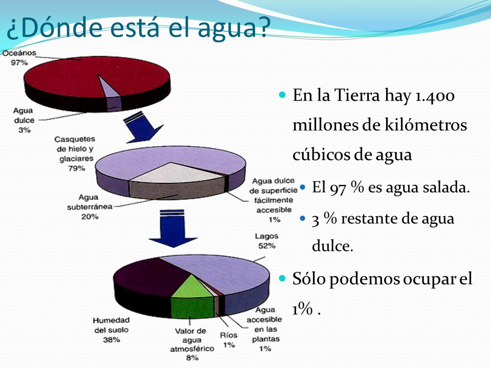 ¿Dónde está el agua En la Tierra hay millones de kilómetros cúbicos de agua. El 97 % es agua salada.