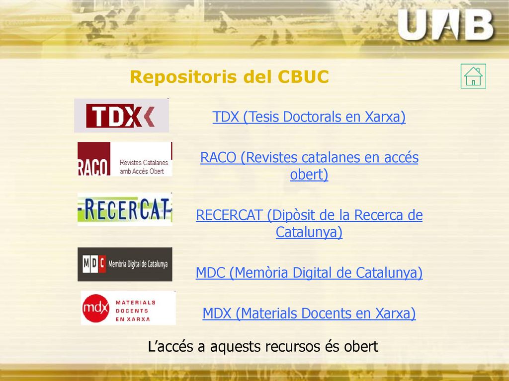 Repositoris del CBUC L’accés a aquests recursos és obert