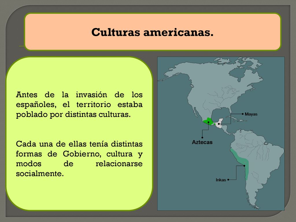 Culturas americanas. Antes de la invasión de los españoles, el territorio estaba poblado por distintas culturas.