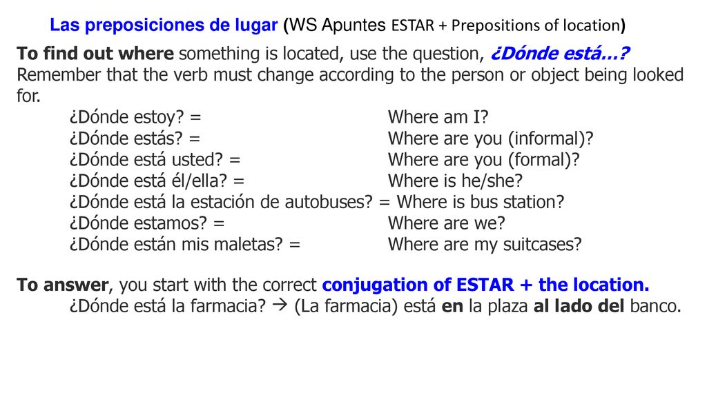 Las preposiciones de lugar (WS Apuntes ESTAR + Prepositions of location)
