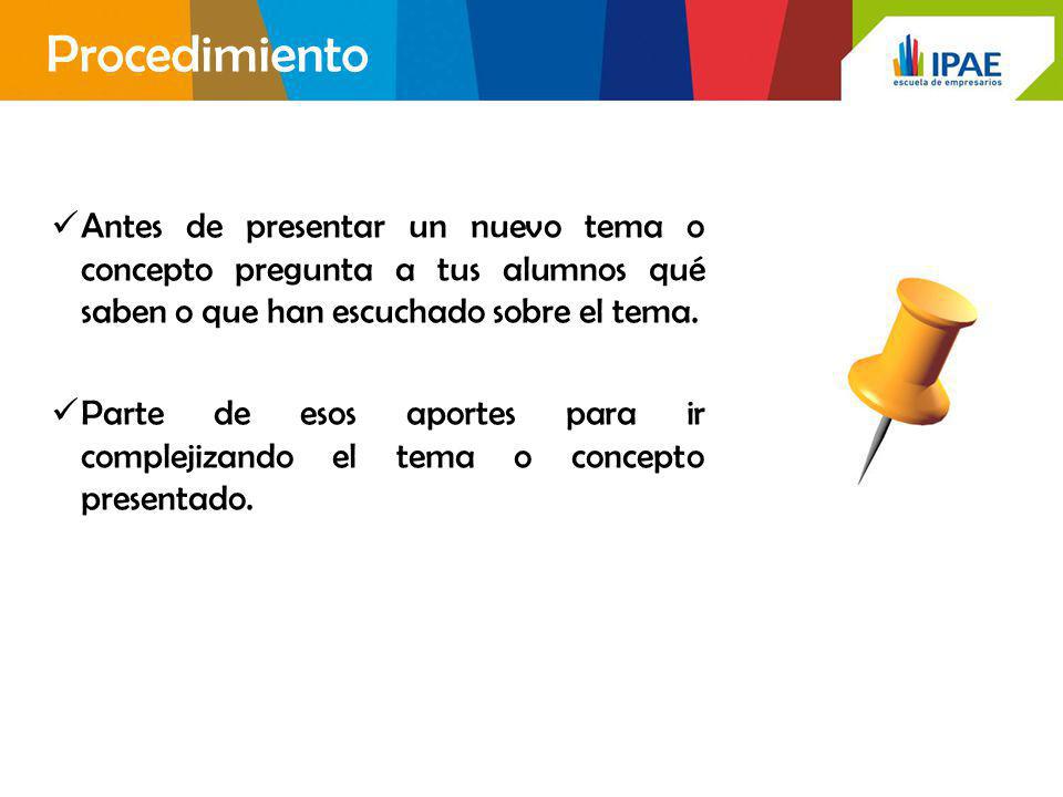 Procedimiento Antes de presentar un nuevo tema o concepto pregunta a tus alumnos qué saben o que han escuchado sobre el tema.