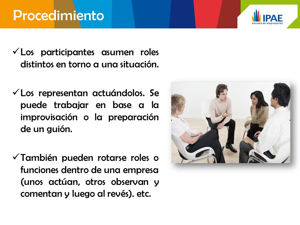 Procedimiento Los participantes asumen roles distintos en torno a una situación.