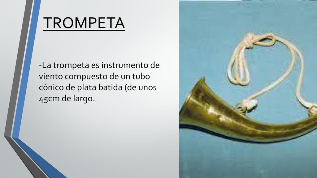 TROMPETA -La trompeta es instrumento de viento compuesto de un tubo cónico de plata batida (de unos 45cm de largo.