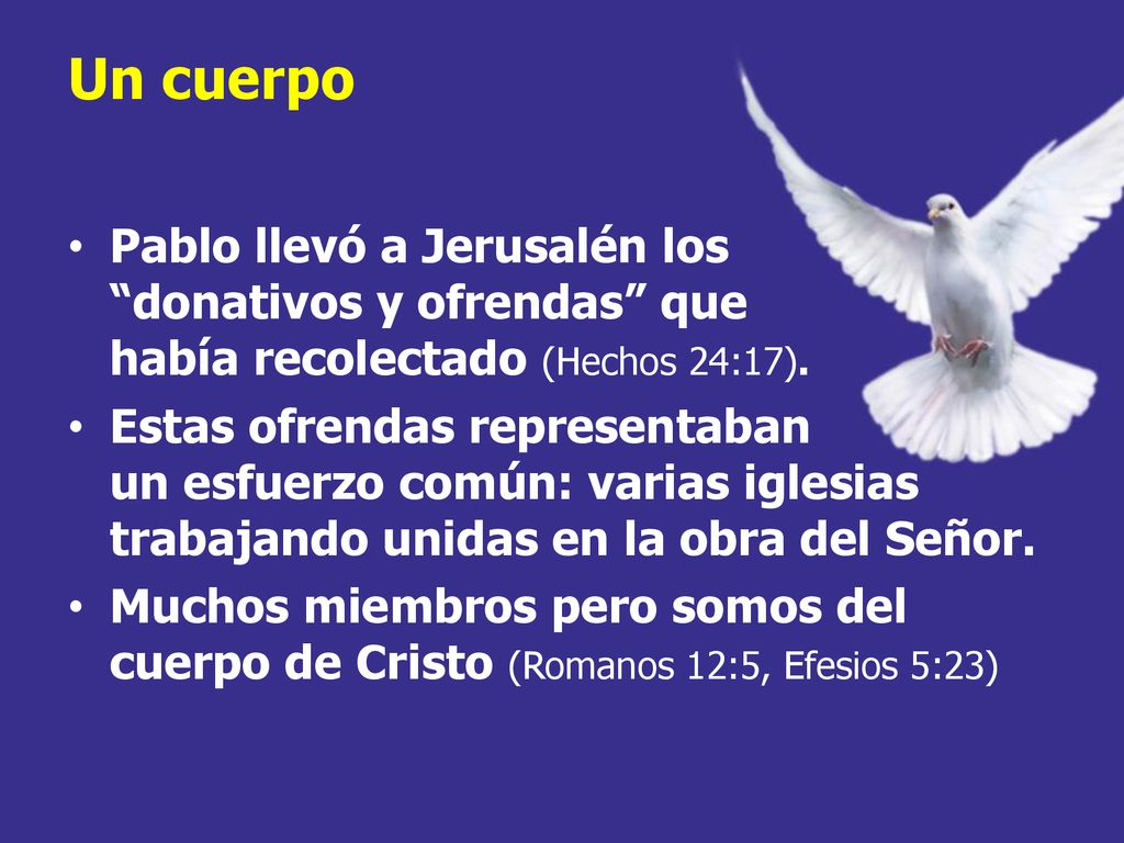 Un cuerpo Pablo llevó a Jerusalén los donativos y ofrendas que había recolectado (Hechos 24:17).