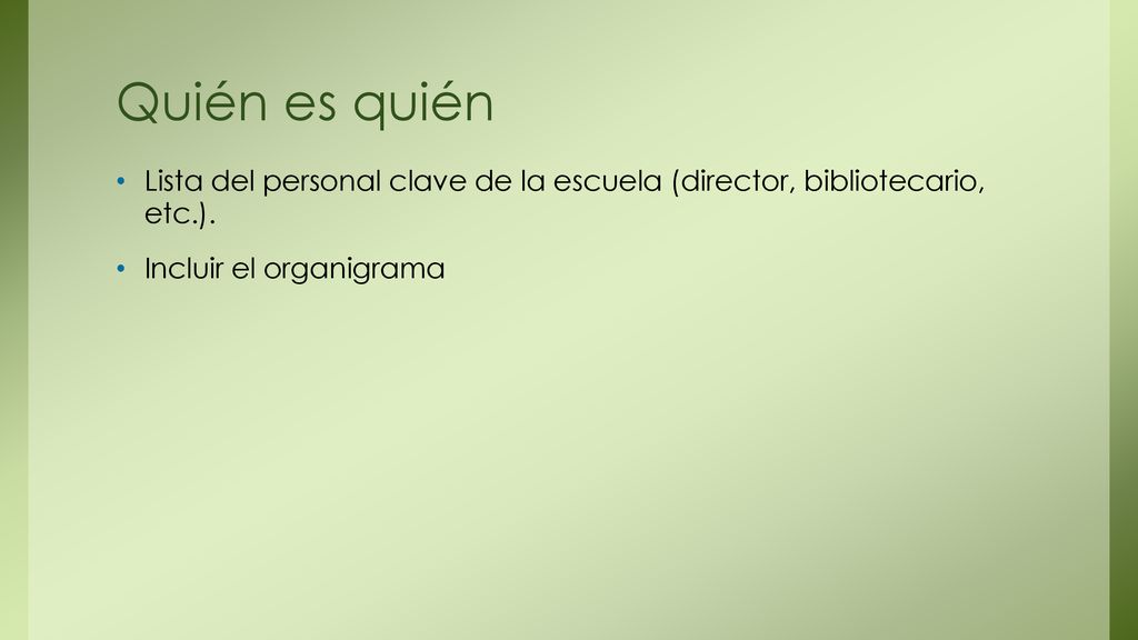 Quién es quién Lista del personal clave de la escuela (director, bibliotecario, etc.).