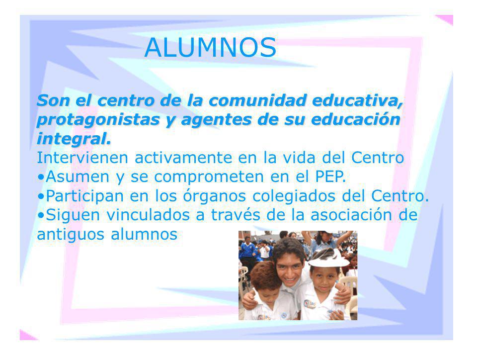ALUMNOS Son el centro de la comunidad educativa, protagonistas y agentes de su educación integral. Intervienen activamente en la vida del Centro.