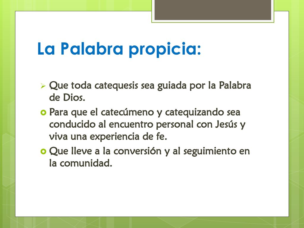 La Palabra propicia: Que toda catequesis sea guiada por la Palabra de Dios.