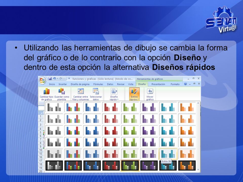 Utilizando las herramientas de dibujo se cambia la forma del gráfico o de lo contrario con la opción Diseño y dentro de esta opción la alternativa Diseños rápidos