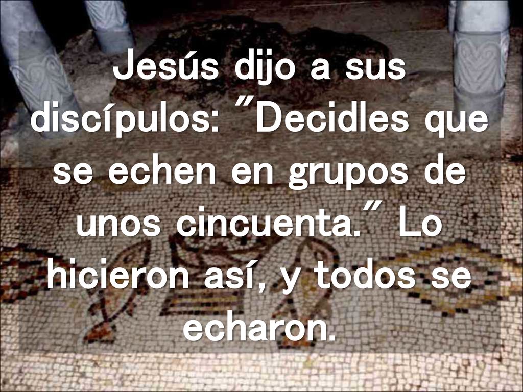 Jesús dijo a sus discípulos: Decidles que se echen en grupos de unos cincuenta. Lo hicieron así, y todos se echaron.