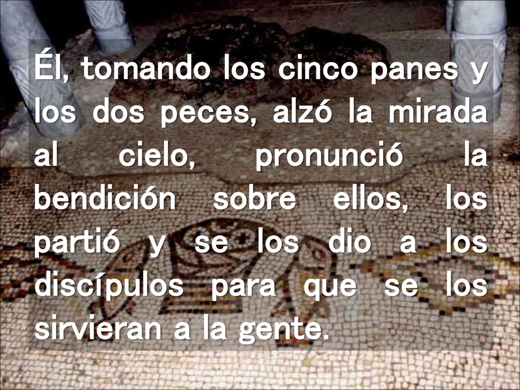 Él, tomando los cinco panes y los dos peces, alzó la mirada al cielo, pronunció la bendición sobre ellos, los partió y se los dio a los discípulos para que se los sirvieran a la gente.