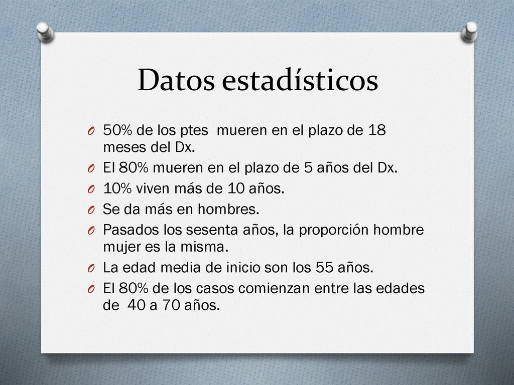 Datos estadísticos 50% de los ptes mueren en el plazo de 18 meses del Dx. El 80% mueren en el plazo de 5 años del Dx.