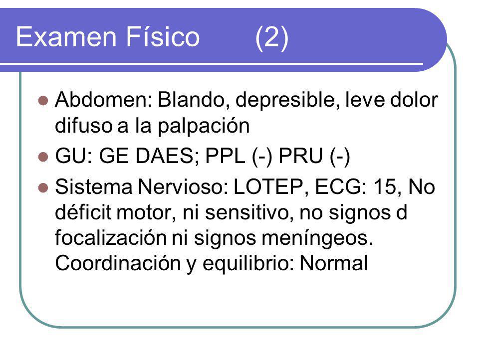 Examen Físico (2) Abdomen: Blando, depresible, leve dolor difuso a la palpación. GU: GE DAES; PPL (-) PRU (-)