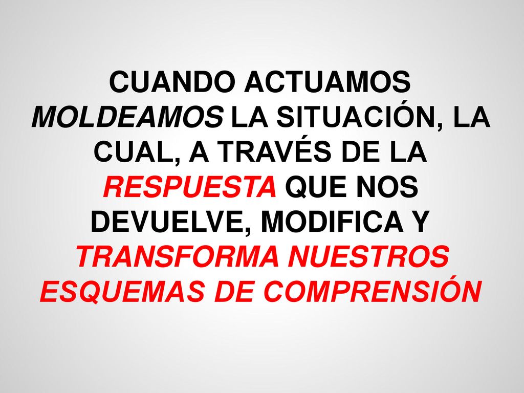 CUANDO ACTUAMOS MOLDEAMOS LA SITUACIÓN, LA CUAL, A TRAVÉS DE LA RESPUESTA QUE NOS DEVUELVE, MODIFICA Y TRANSFORMA NUESTROS ESQUEMAS DE COMPRENSIÓN